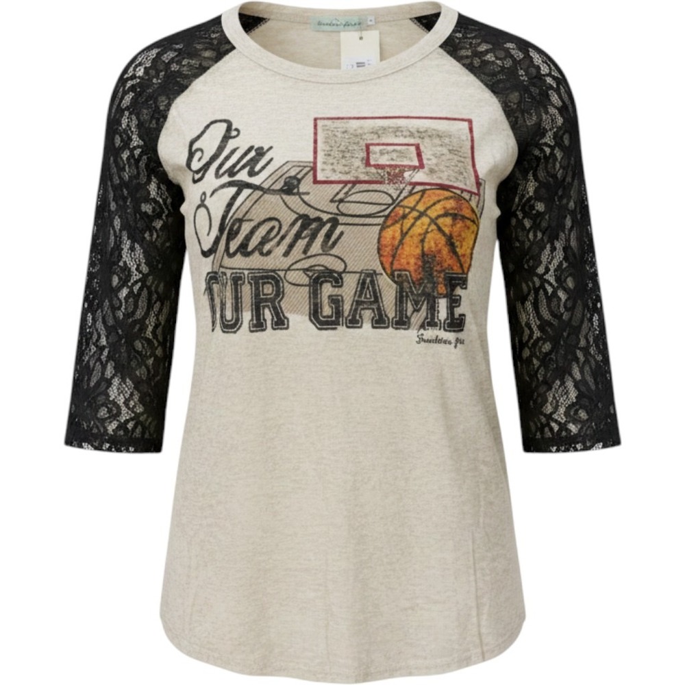 Southern Grace Basketball Graphic Tee Lace Raglan Sleeve Burnout Top XL NEW